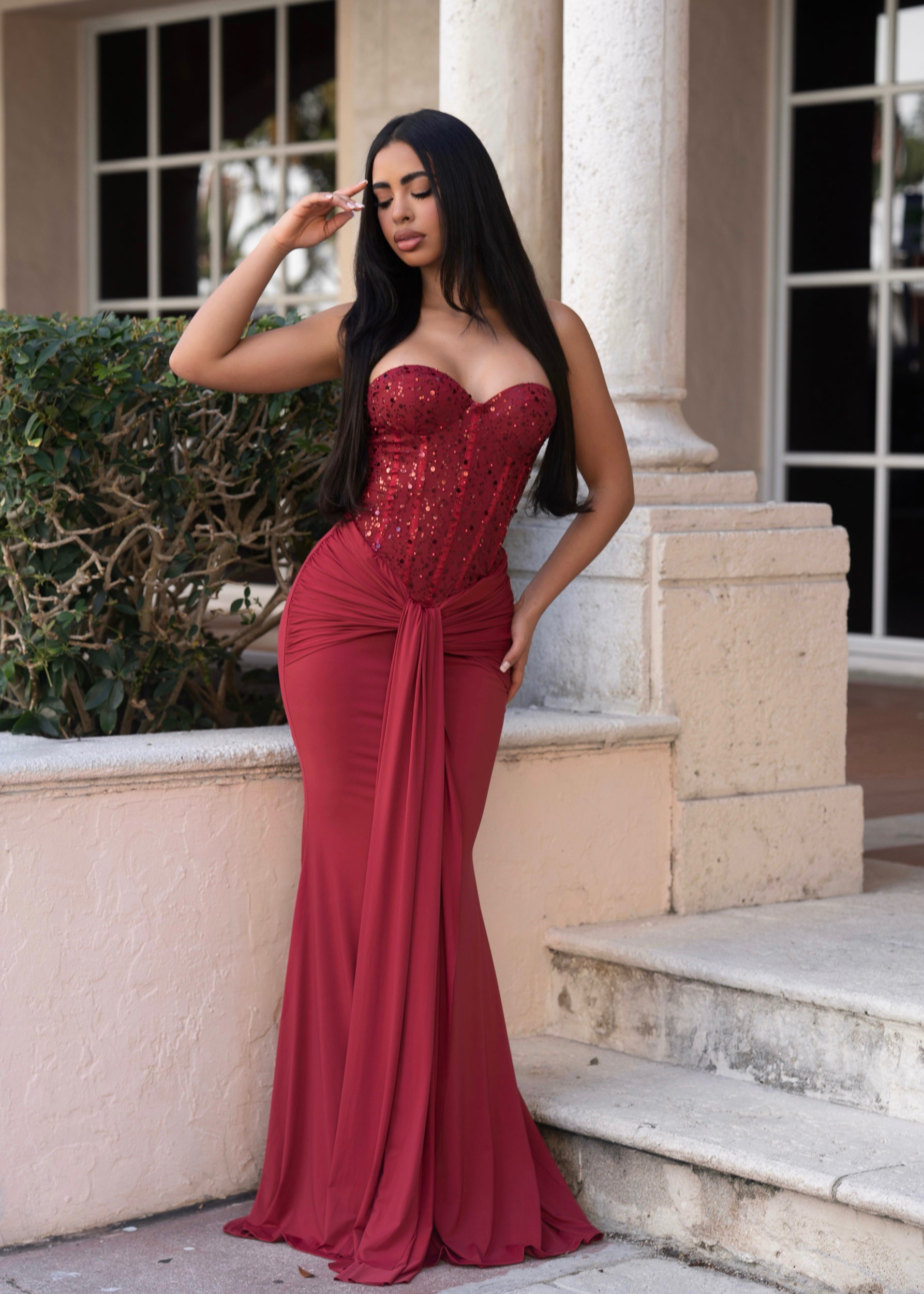 Divine Rupture Sequin Ruched Maxi Dress Red