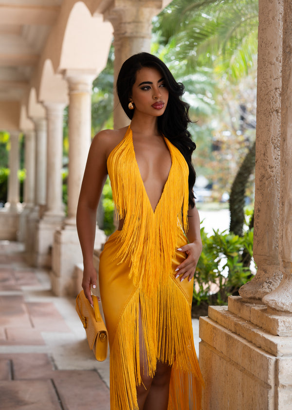 Rhythm & Desire Satin Fringe Midi Dress Yellow