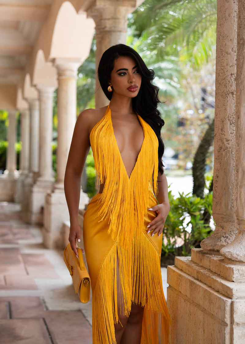 Rhythm & Desire Satin Fringe Midi Dress Yellow