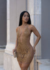 Bright Light Mesh Rhinestones Mini Dress Gold