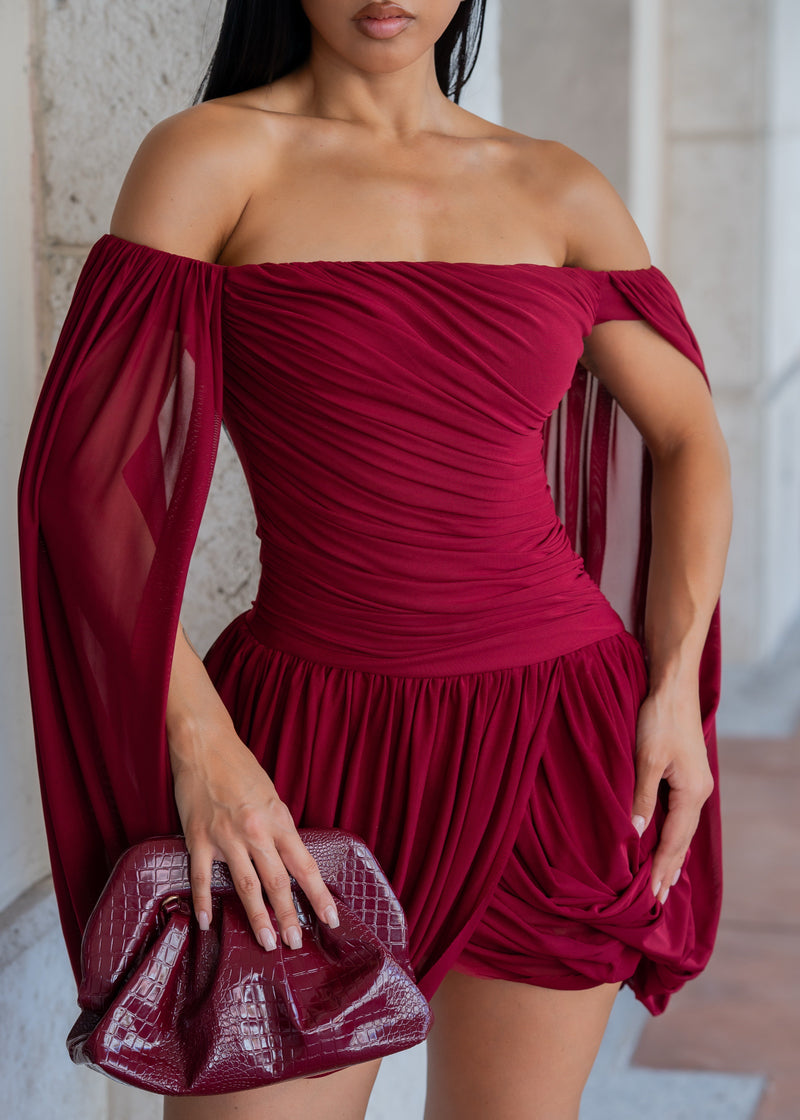 All Eyes On Her Draped Mesh Ruched Mini Dress Red