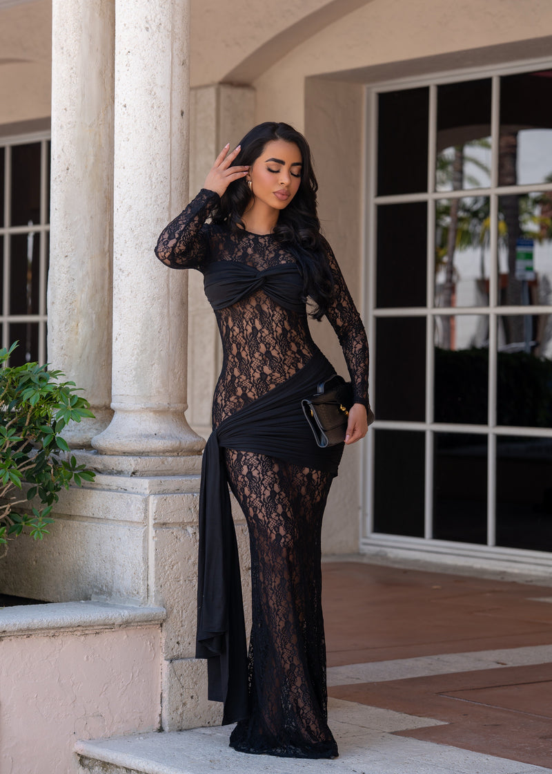 Fabulosity Floral Lace Maxi Dress Black