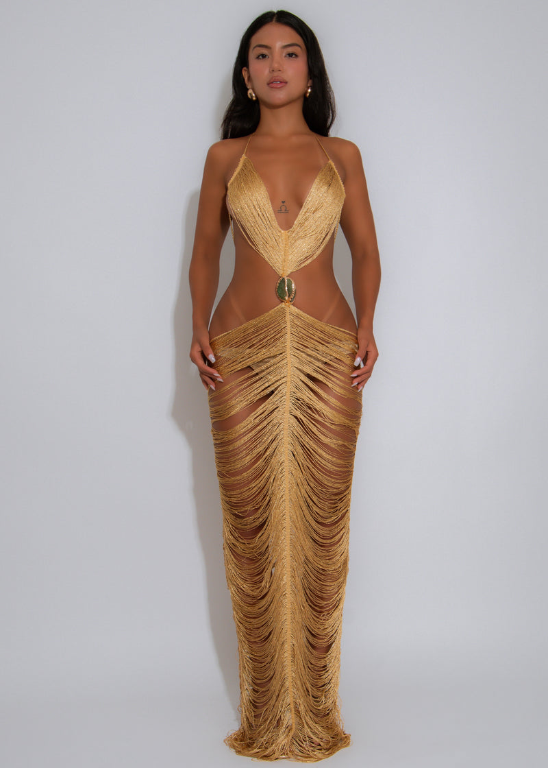 Goddess Tide Gown Shell Maxi Dress Gold