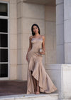 Hidden Flame Ruched Satin Maxi Dress Gold
