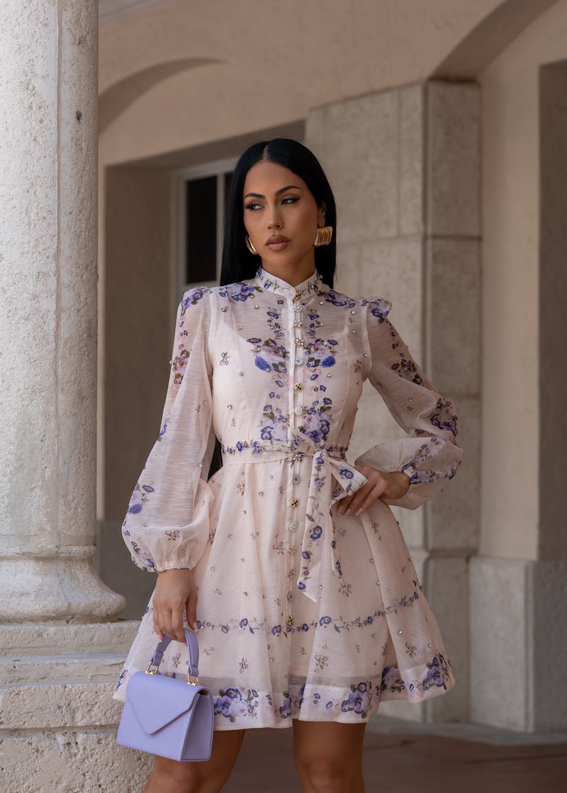 Luxe Feeling Floral Rhinestones Mini Dress Nude