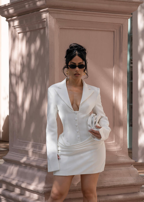 Atelier Drape Ruched Blazer Mini Dress White