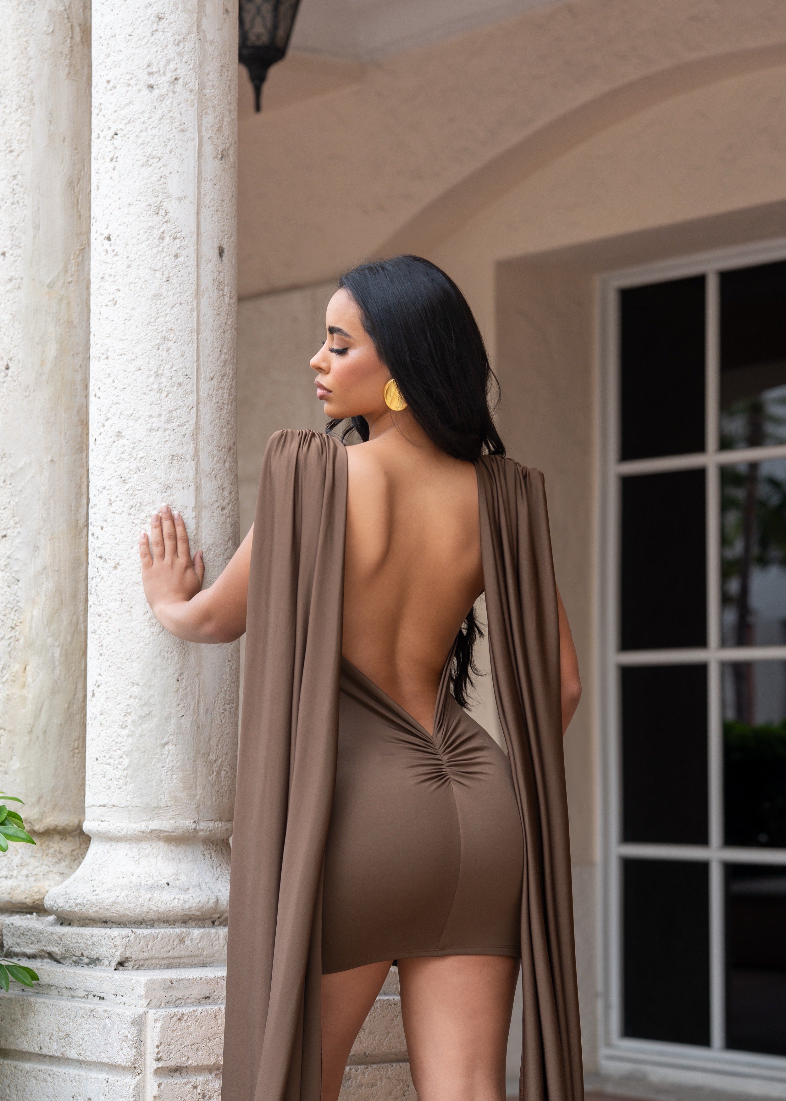 Luxe Motion Ruched Mini Dress Brown