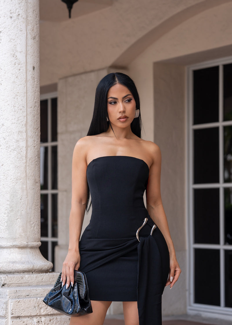 Enigma Drape Mini Dress Black