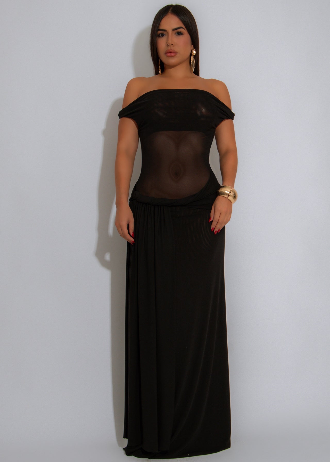 After Dusk Gown Mesh Ruched Maxi Dress Black