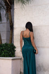 Hidden Flame Ruched Satin Maxi Dress Green