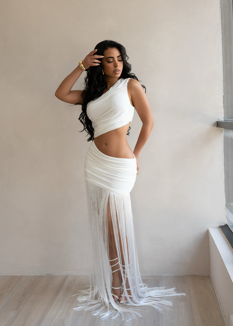 Sensuelle Command Fringes Ruched Maxi Dress White