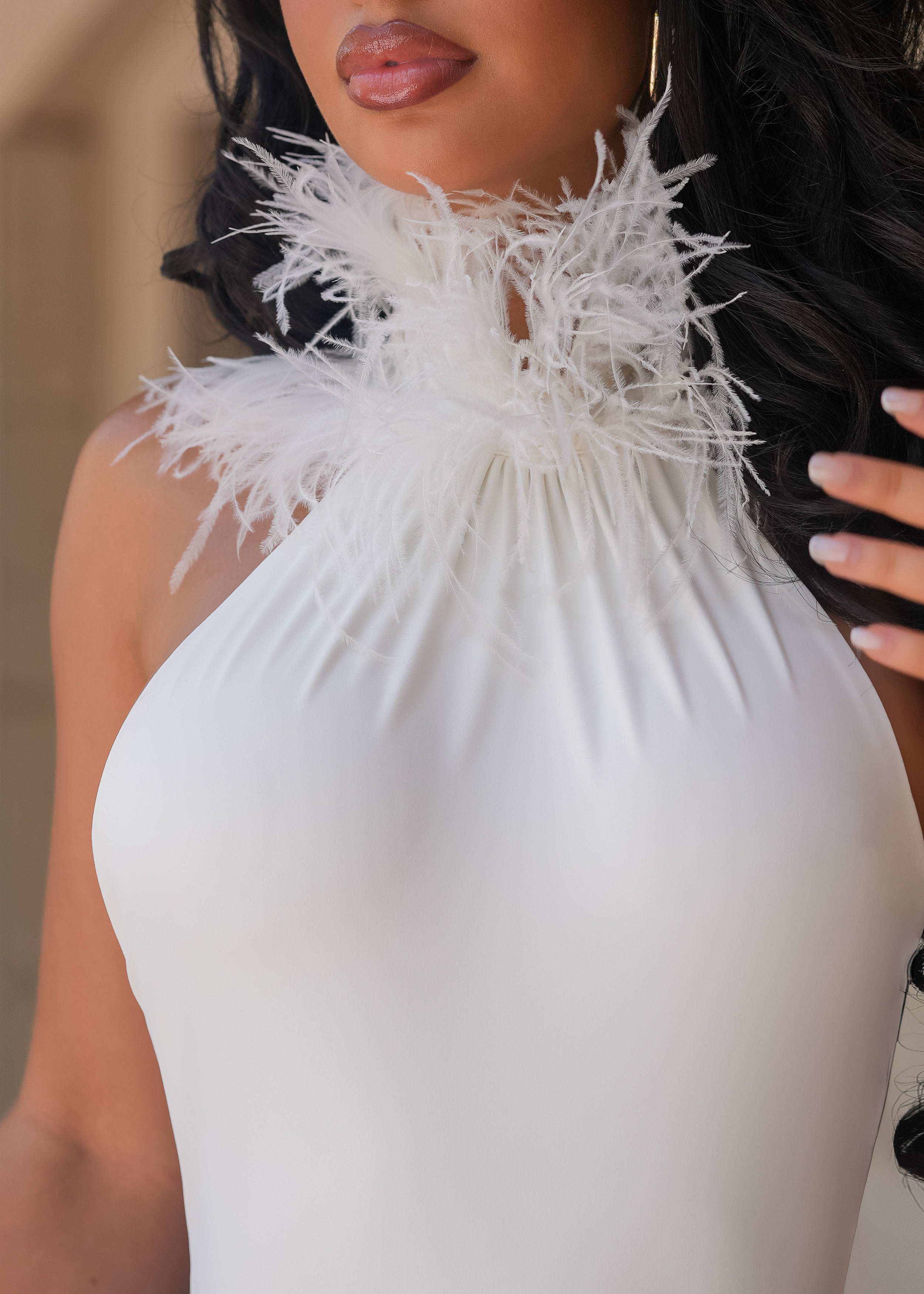 Private Desire Feather Trim Mini Dress White