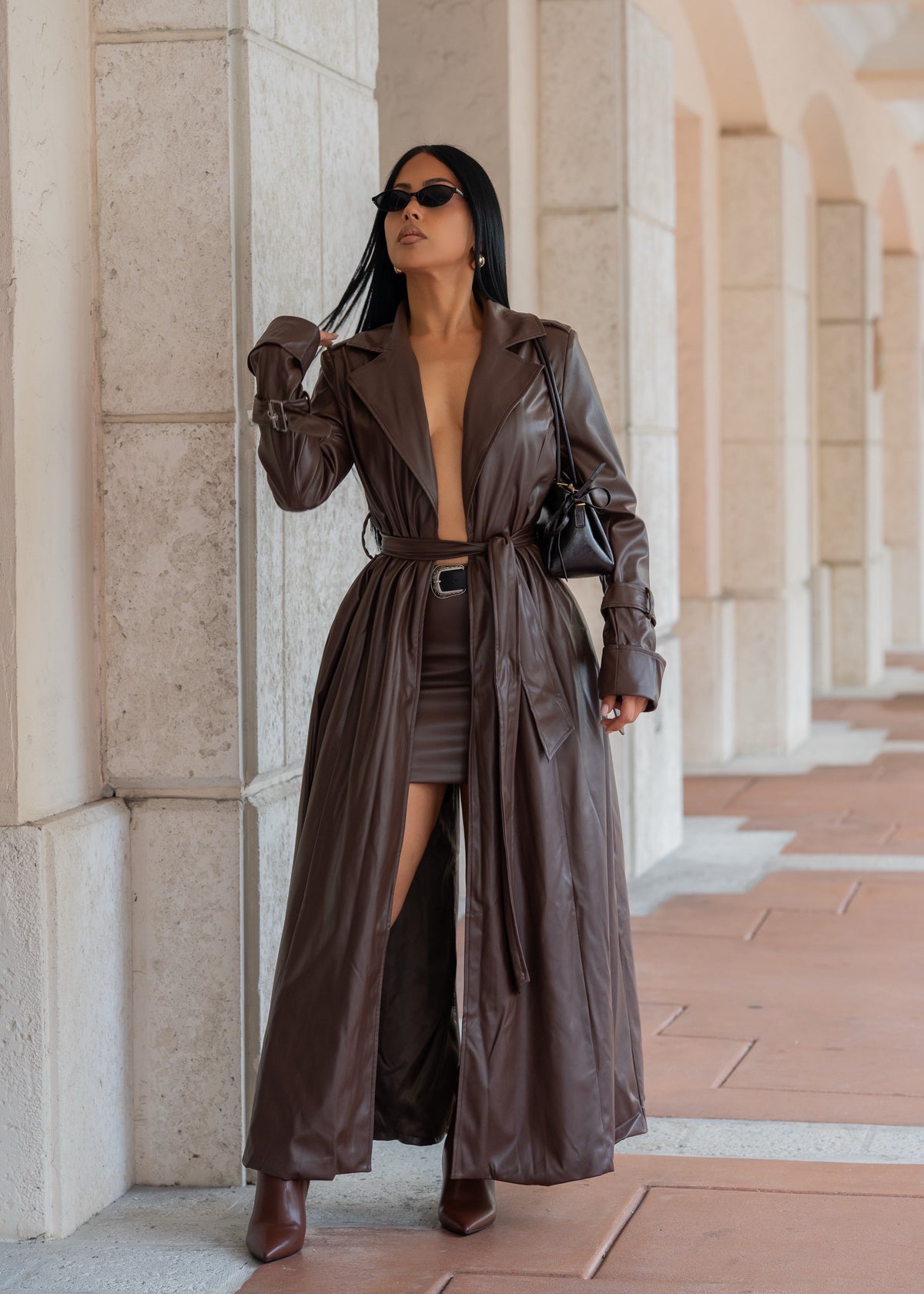 Cityscape Elegance Faux Leather Skirt Set Dark Brown