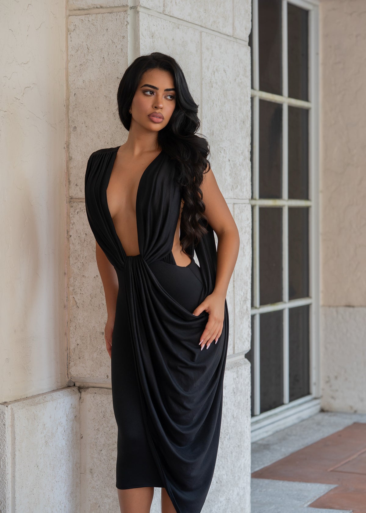 Undone Desire Ruched Midi Dress Black