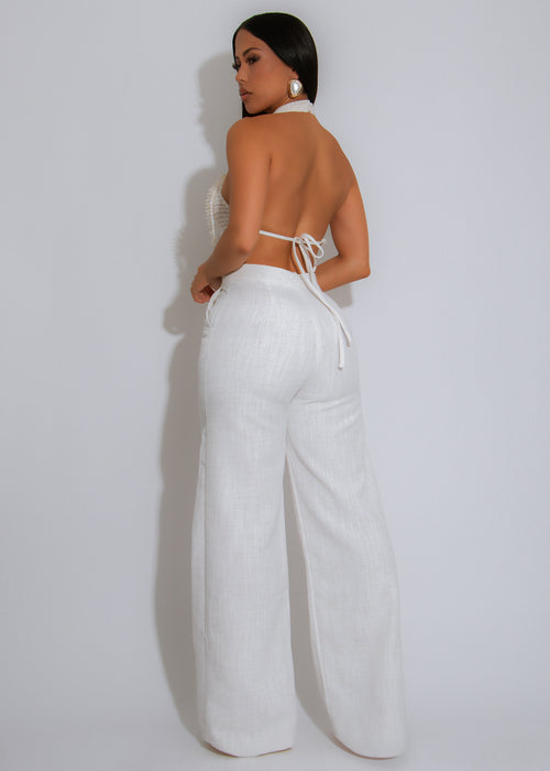 Coastal Luxe Crochet Pearl Linen Pant Set White