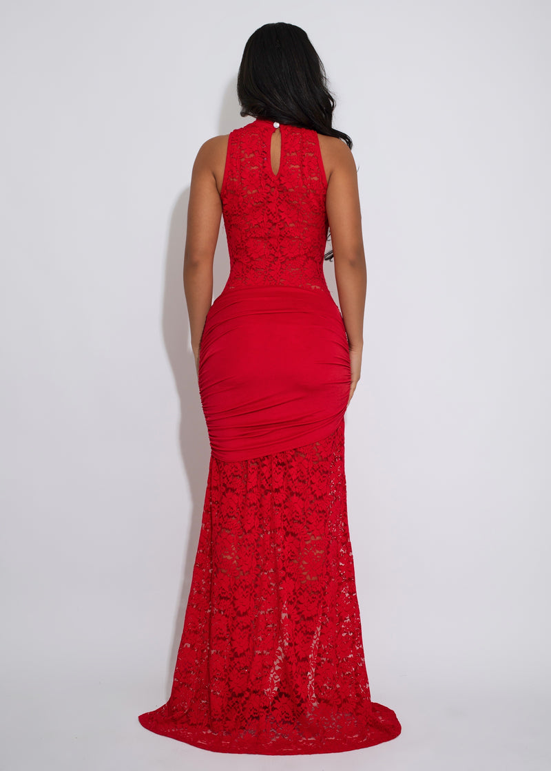 Silhouette Ritual Lace Ruched Maxi Dress Red