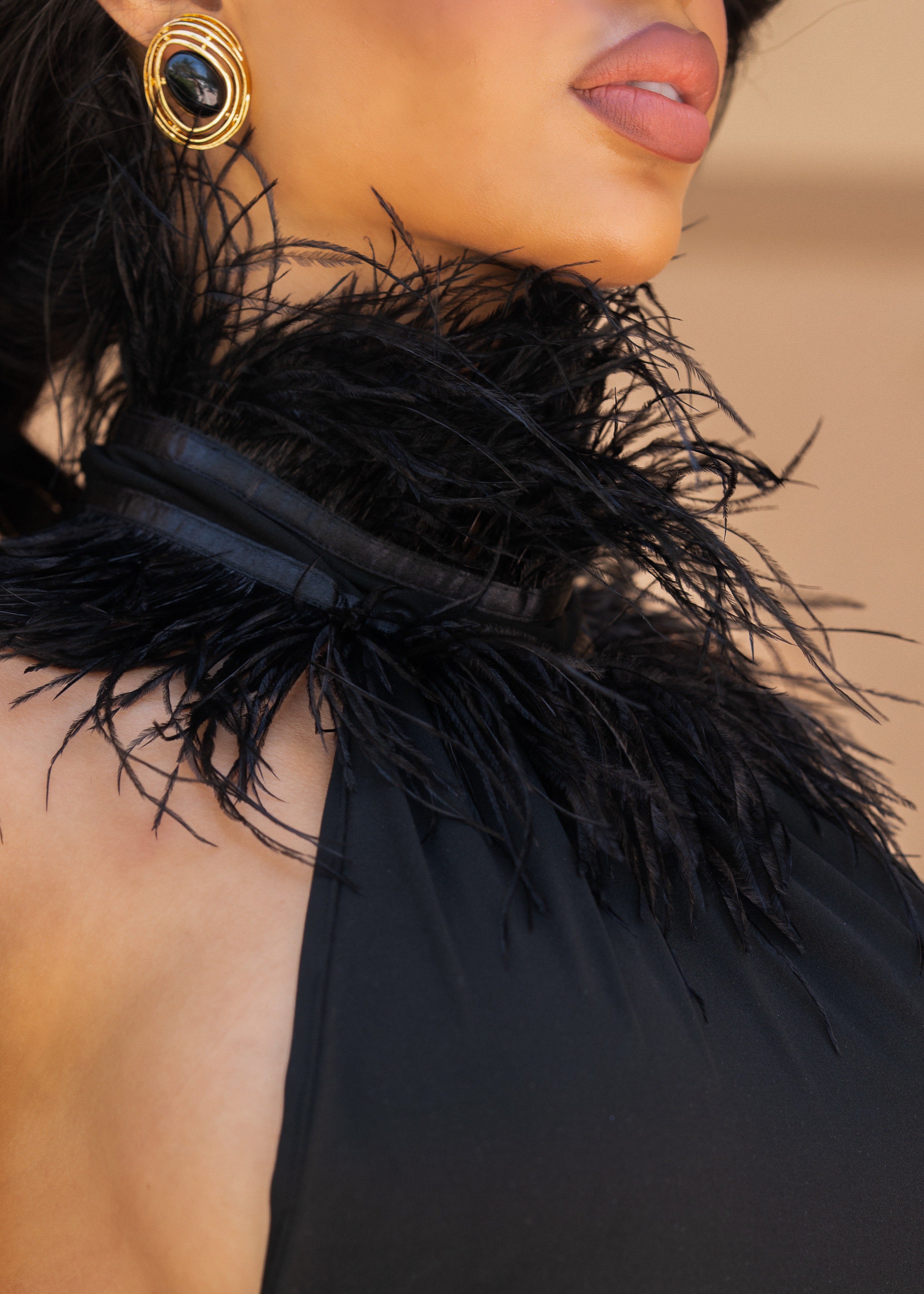 Private Desire Feather Trim Midi Dress Black