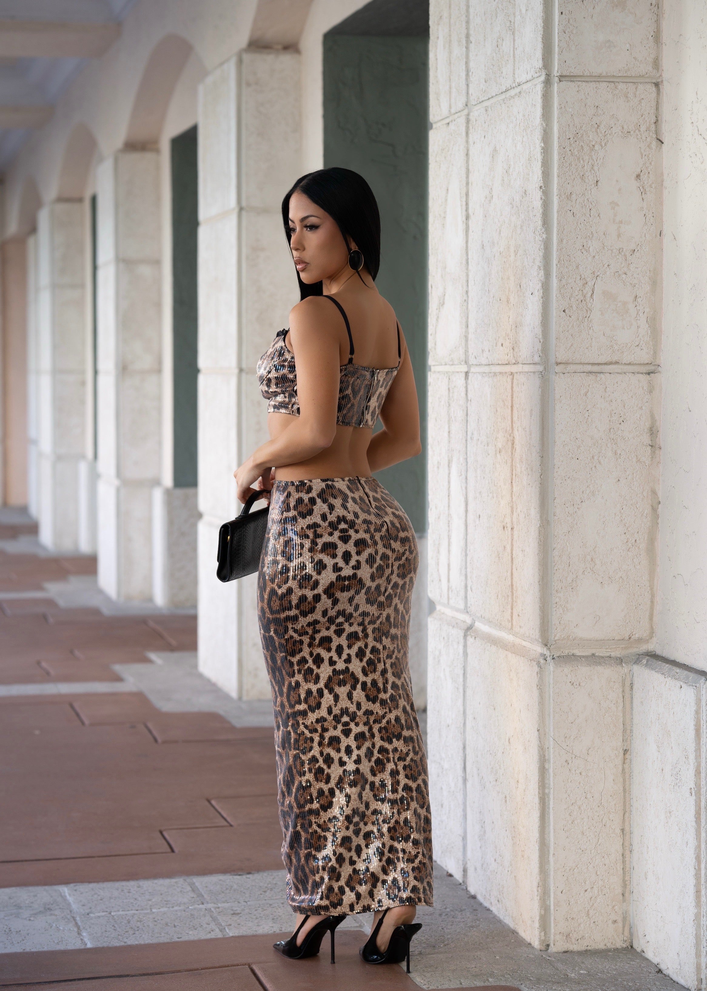 Wild Intent Leopard Sequin Skirt Set Brown