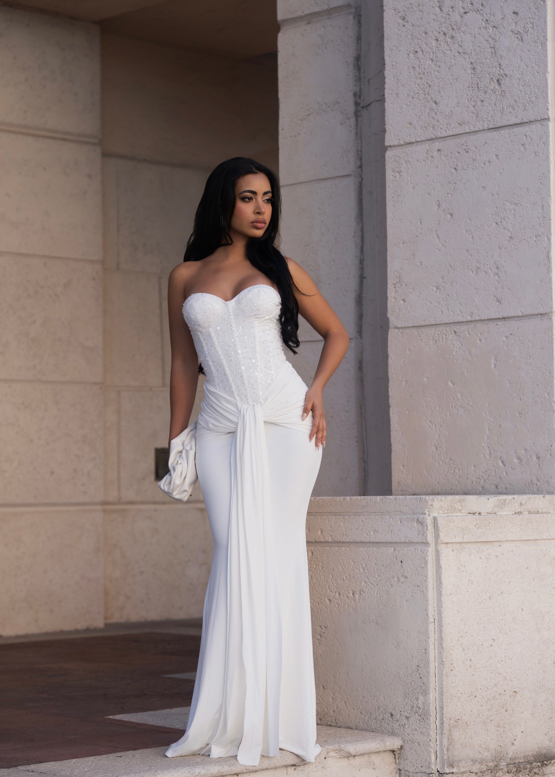Divine Rupture Sequin Ruched Maxi Dress White