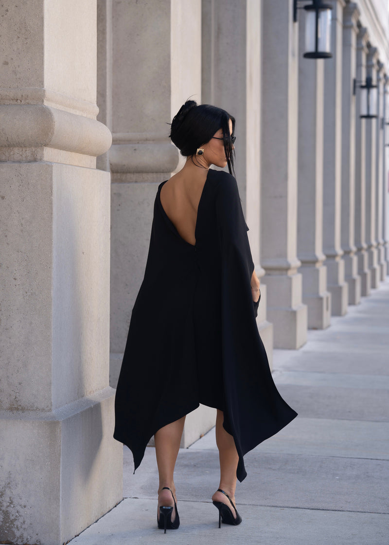 Structured Veil Cape Mini Dress Black