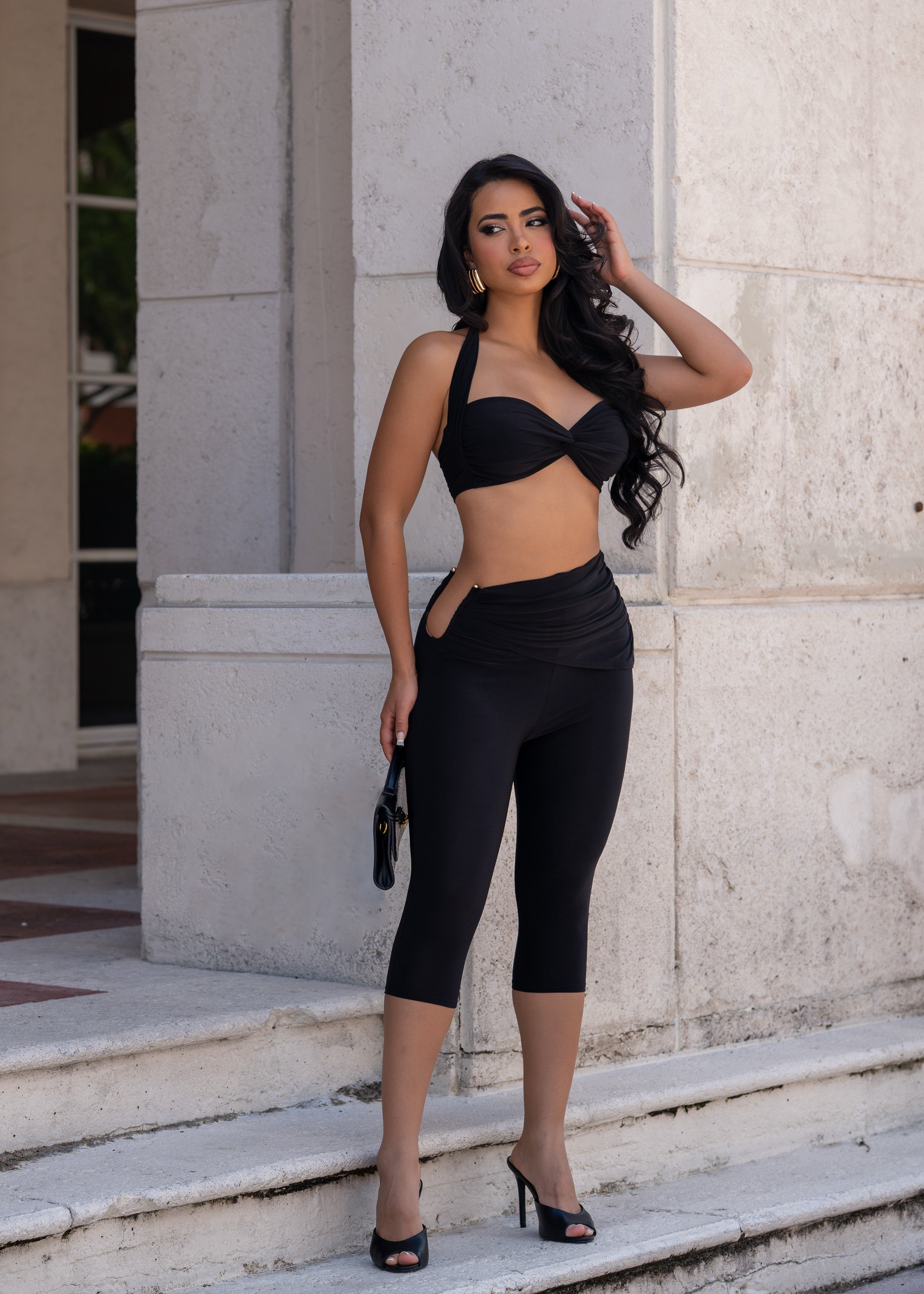No Matter What Ruched Capri Set Black