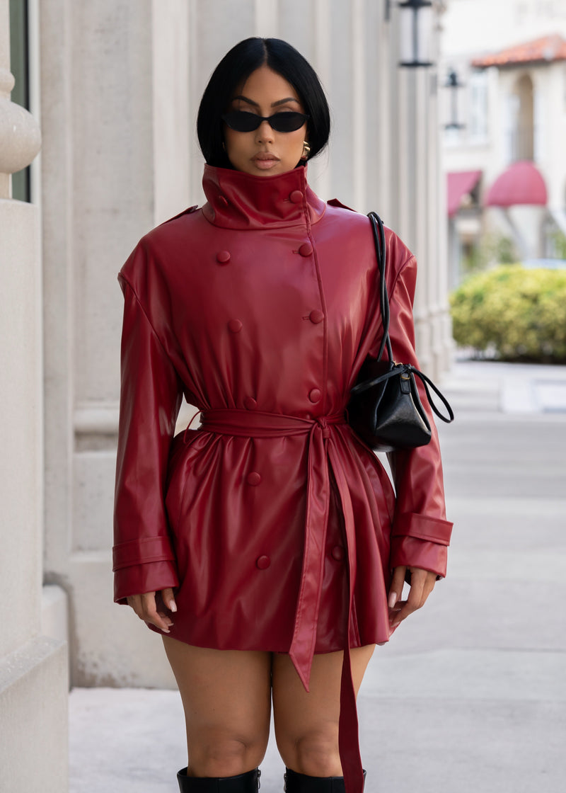 Sinful Intentions Faux Leather Mini Coat Dress Red