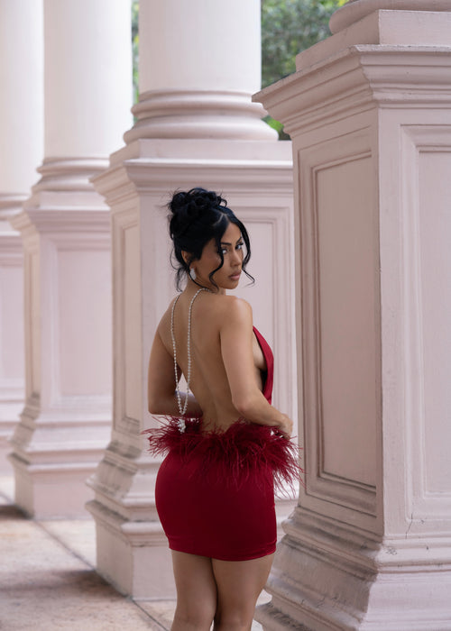 Moonlit Reverie Satin Rhinestone Mini Dress Red