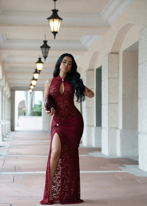 Silhouette Ritual Lace Ruched Maxi Dress Red