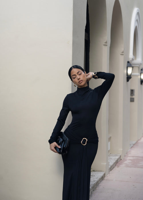 Luxe Knot Ruched Maxi Dress Black