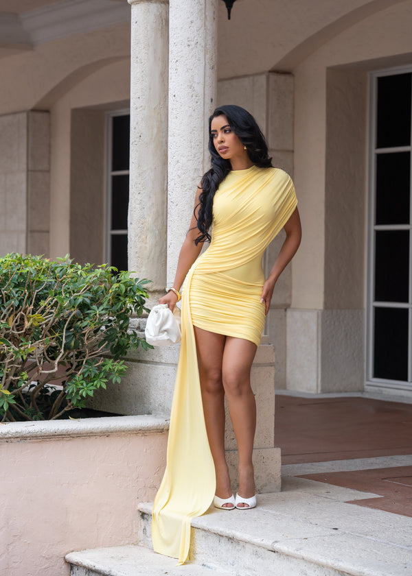 Crave More Ruched Mini Dress Yellow