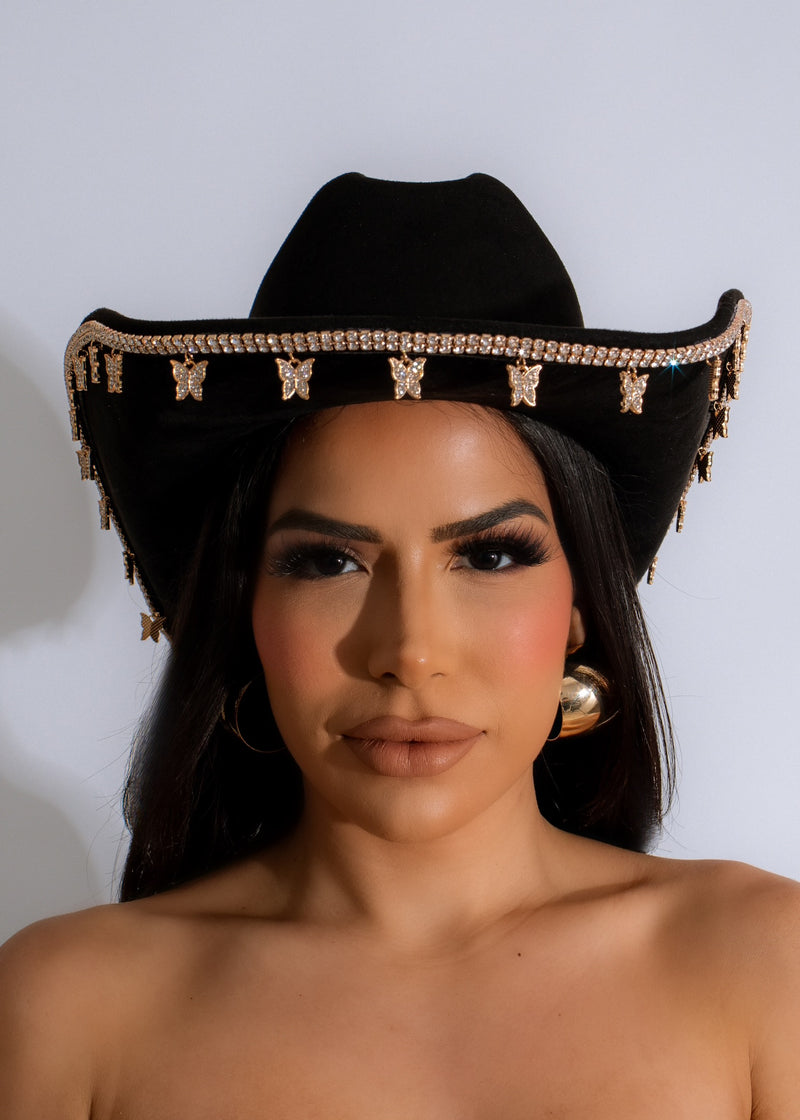 Beautiful black cowboy hat with butterfly rhinestones for a stylish look 