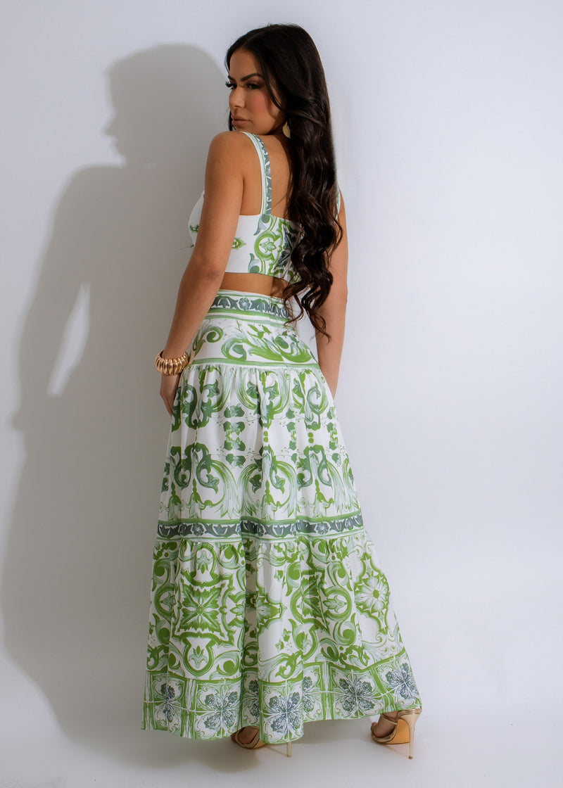 Stylish and comfortable green skirt set with matching crop top