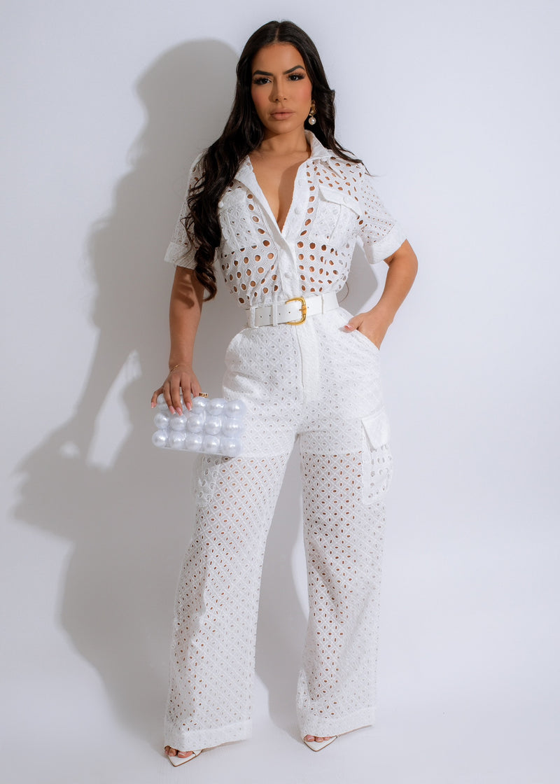 Beautiful white lace pant set with delicate detailing and elegant design