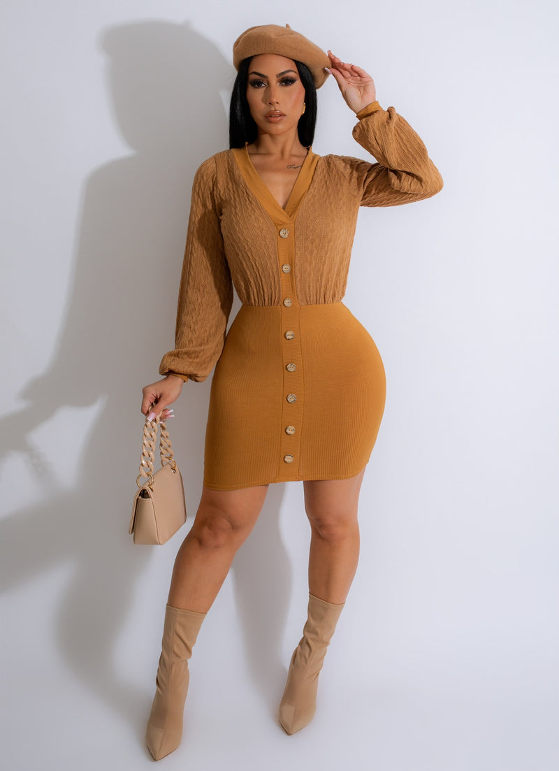 Cozy Day Knitted Mini Dress Brown, featuring a warm, soft knit fabric and a flattering, figure-hugging silhouette, perfect for a relaxed day out or cozy night in 