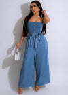 Stylish blue jumpsuit with bohemian-inspired pattern and relaxed fit