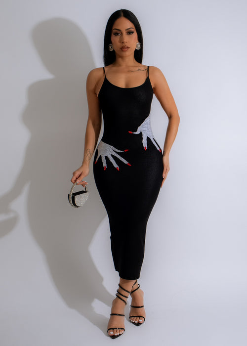 Black knit midi dress with rhinestone embellishments, perfect for a night out
