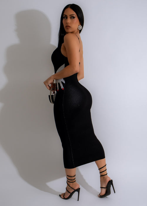 Alt text: The black Hold Me Knit Rhinestones Midi Dress features a fitted silhouette and sparkling rhinestone embellishments