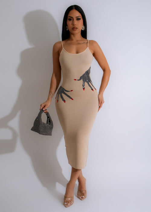 Hold Me Knit Rhinestones Midi Dress Nude in soft nude color with intricate rhinestone embellishments and a midi length 