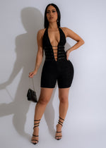 Alt text: Stylish and elegant Good Karma Lace Romper Black with intricate lace detailing