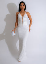 Night Life Lace Maxi Dress White - Front view of the elegant and stylish lace dress with intricate detailing and a flowing silhouette 