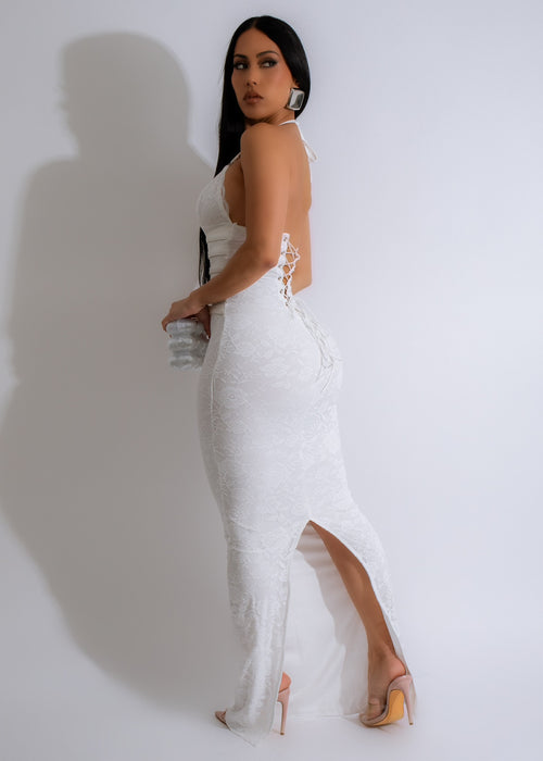  Night Life Lace Maxi Dress White - Back view of the beautiful white lace maxi dress with a flattering fit and luxurious fabric