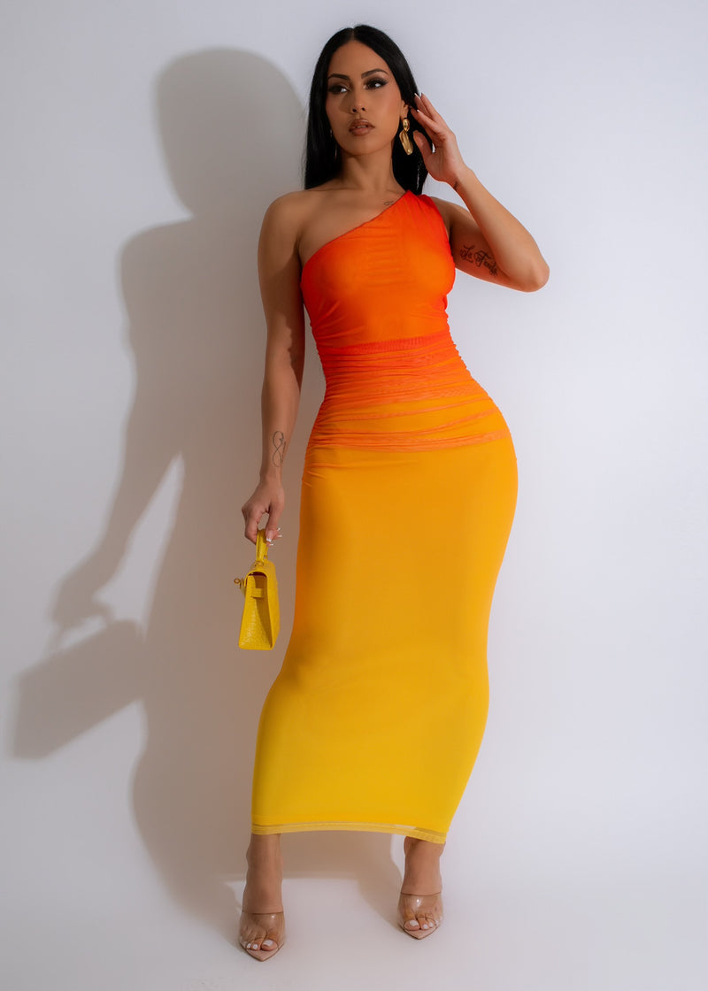 Sunset Day Mesh Ruched Orange Midi Dress with V-neckline and ruched detailing