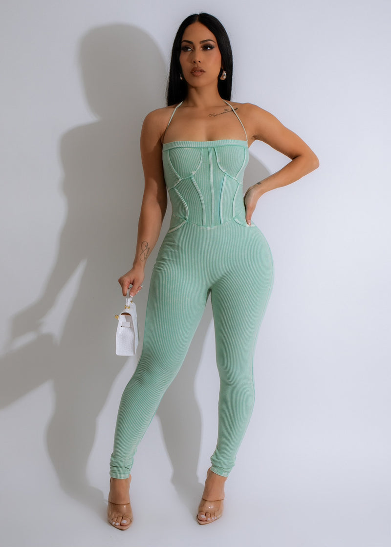 Rebel Season Ribbed Jumpsuit Green with V-neck and tie waist detail 