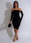 Vibrant Charm Ruched Midi Dress Black - stylish and elegant black dress with ruched details