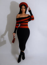 Rome Night Knitted Midi Dress Orange with V-Neckline and Long Sleeves