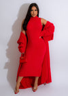Red midi dress set with a cozy teddy bear design, perfect for a comfortable and stylish look