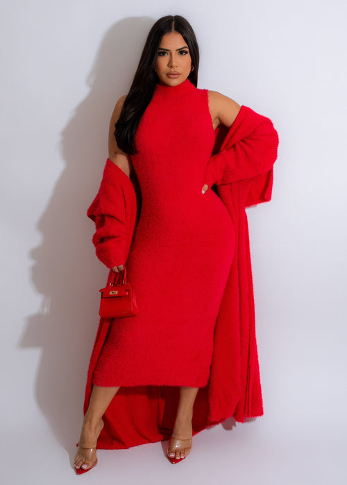 Red midi dress set with a cozy teddy bear design, perfect for a comfortable and stylish look
