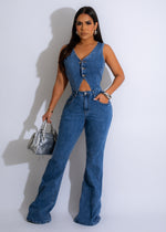 Mystery Extreme Flare Denim Jumpsuit with halter neck and belt detail