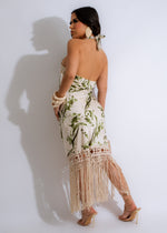  Chic Voyage Floral Silk Fringe Midi Dress Nude, featuring a timeless nude color and intricate floral design for a sophisticated look