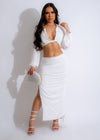 White ruched skirt set with matching top, perfect for summer